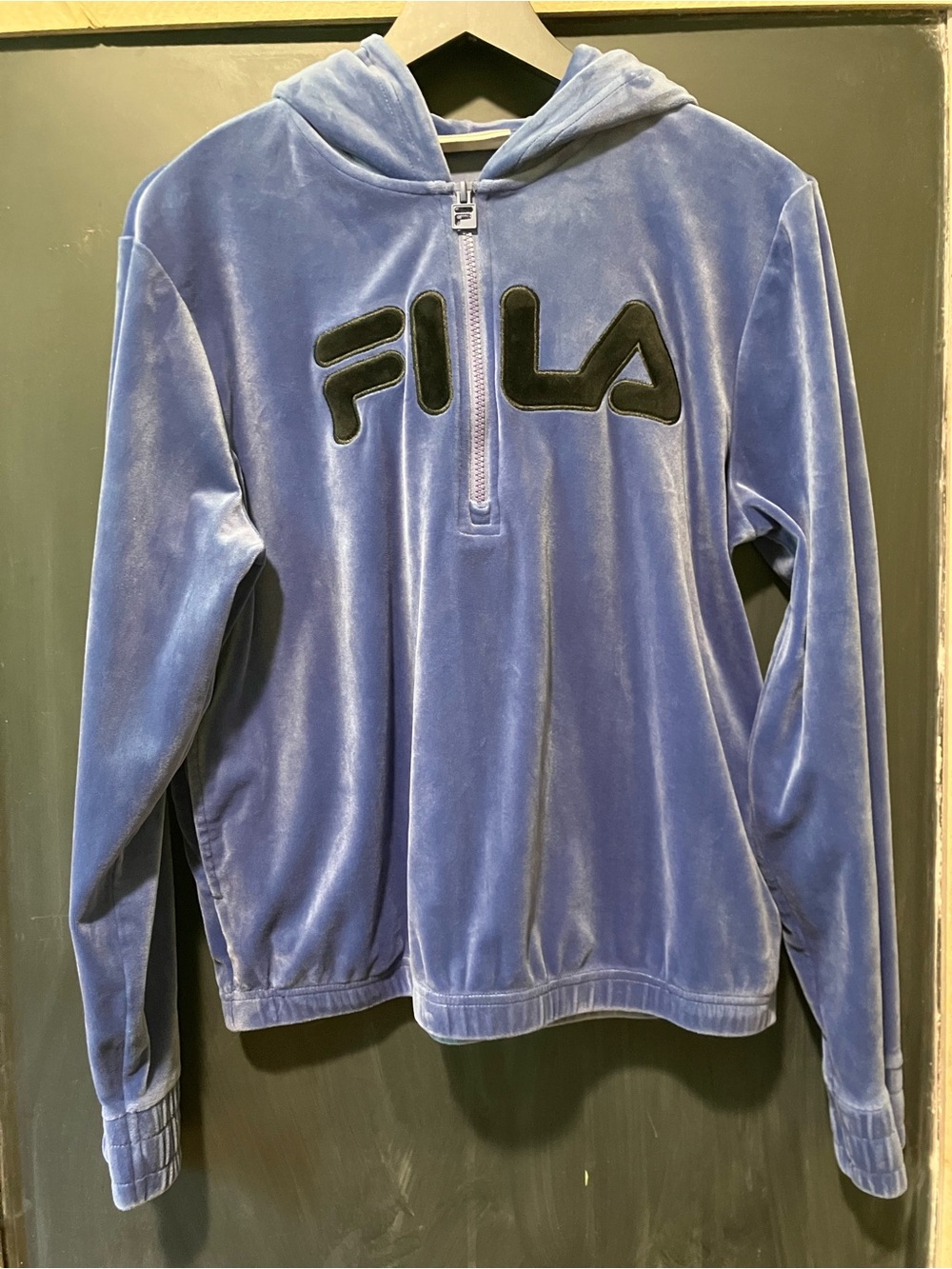 FILA Women’s Light Blue Velour Half-Zip Hoodie with Black Logo